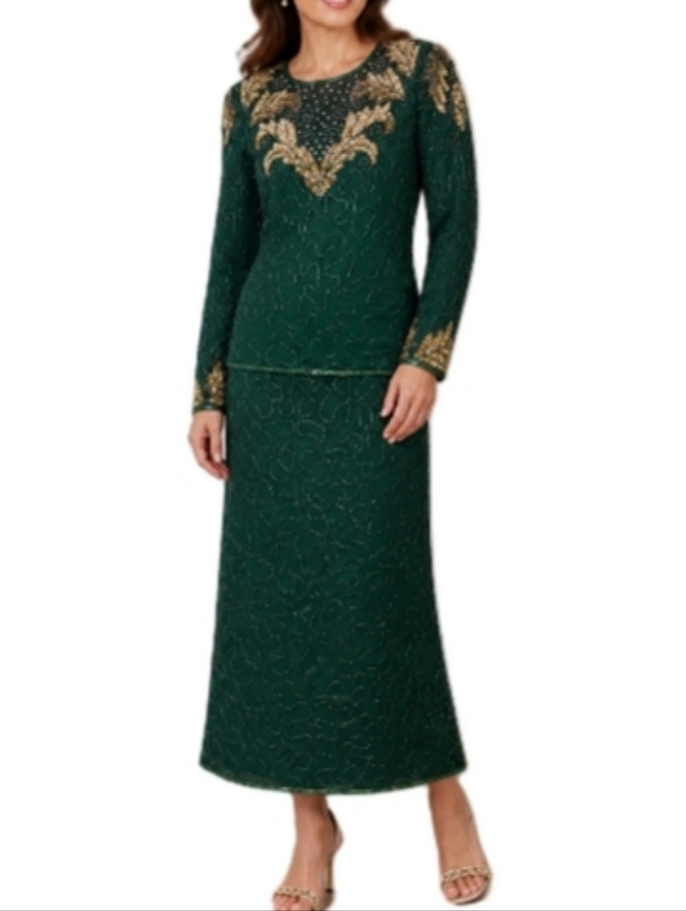 Vintage 80s Laurence Kazar Green & Gold Silk Beaded Sequined 2 Piece For…